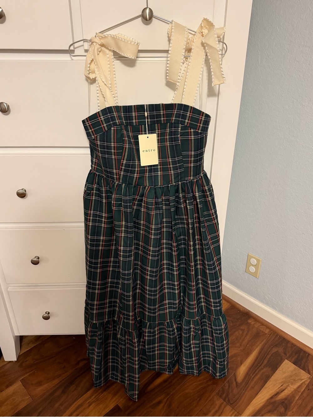 entro Green Plaid Midi Dress with Cream Ribbon Straps